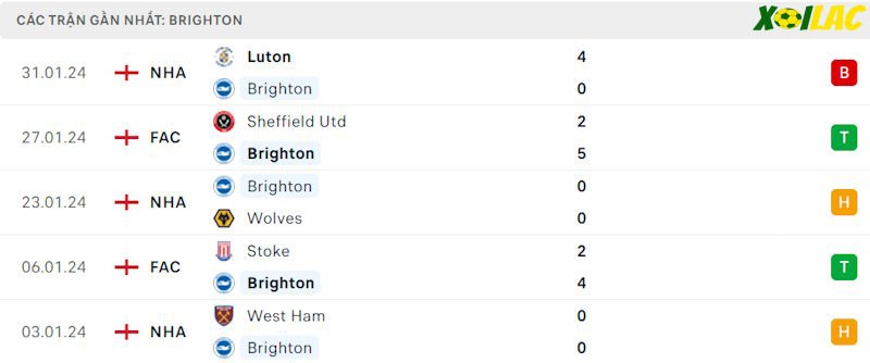 Phong độ gần đây Brighton
