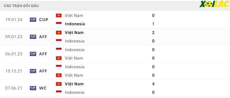 Thành tích đối đầu Indonesia vs Việt Nam